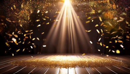 golden confetti rain on festive stage with light beam in the middle empty room at night mockup with copy space for award ceremony jubilee new year s party or product presentations