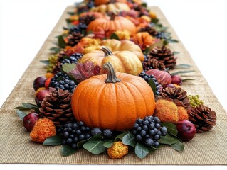 A Thanksgiving-themed table runner with fall colors isolated on white background. 