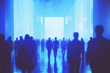 Fototapeta premium A futuristic scene with silhouettes of people walking toward a bright light in a blue-lit space, evoking mystery, technology, and progress 
