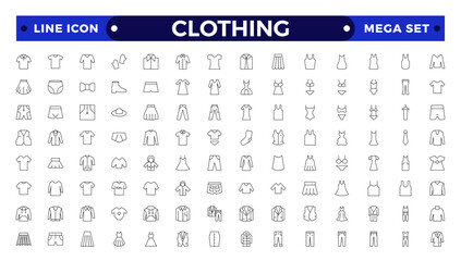 Clothes outline icons set. Sweatshirt, hoody, pullover, bath suit, jacket, evening dress, cardigan, trousers visualization vector illustration. Outline signs of fashion apparel.
