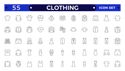 Clothes outline icons set. Sweatshirt, hoody, pullover, bath suit, jacket, evening dress, cardigan, trousers visualization vector illustration. Outline signs of fashion apparel.