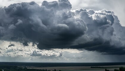 gray stormy dramatic sky with overcast and heavy textured cumulus clouds and backlight large panoramic view