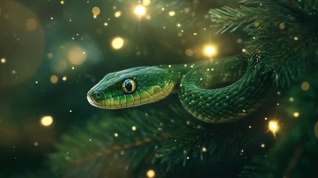 Close-up of green snake blending with Christmas tree branches, soft light patterns behind