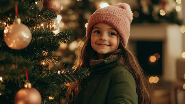 Girl in green parka and pink beanie beside decorated Christmas tree in cozy setting