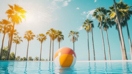 A beach ball floating on still pool water, framed by tall palm trees and a bright blue sky, representing fun, sun, and relaxation.
