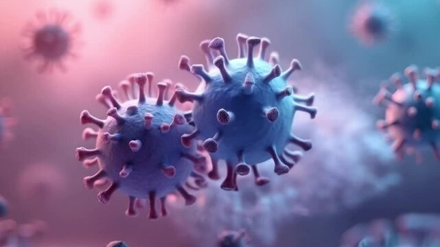 3d animate Micrograph of a virus moving swirl attacking a healthy immune system cell. Stem cells, immunology, and longevity research.