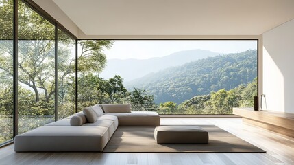Fototapeta premium Minimalist office space with large windows and modern decor.