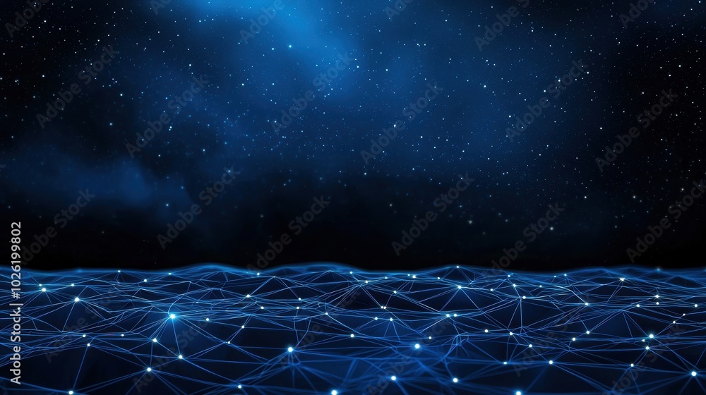 Poster abstract digital network with glowing nodes and lines on a dark background, representing connectivit