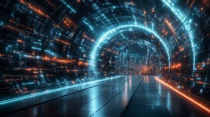 Futuristic Cityscape Through a Neon Tunnel