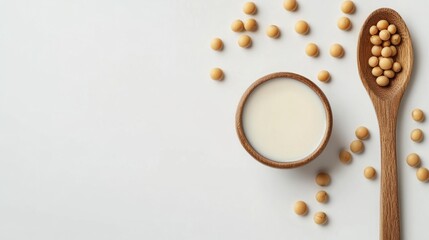 A clean and minimalistic representation of soy milk in a spoon, isolated on a white background, accompanied by whole soybeans, showcasing its natural essence.