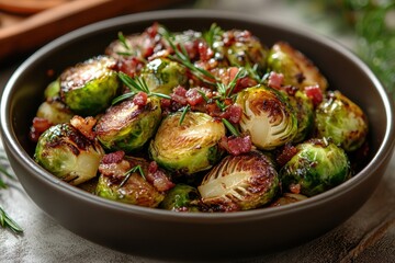 A dish of roasted brussels sprouts with bacon isolated on white background. 