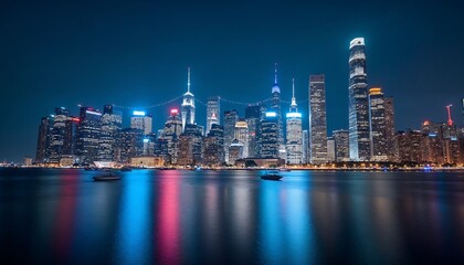 Fototapeta premium A vibrant city skyline at night, with skyscrapers illuminated and reflections on the water