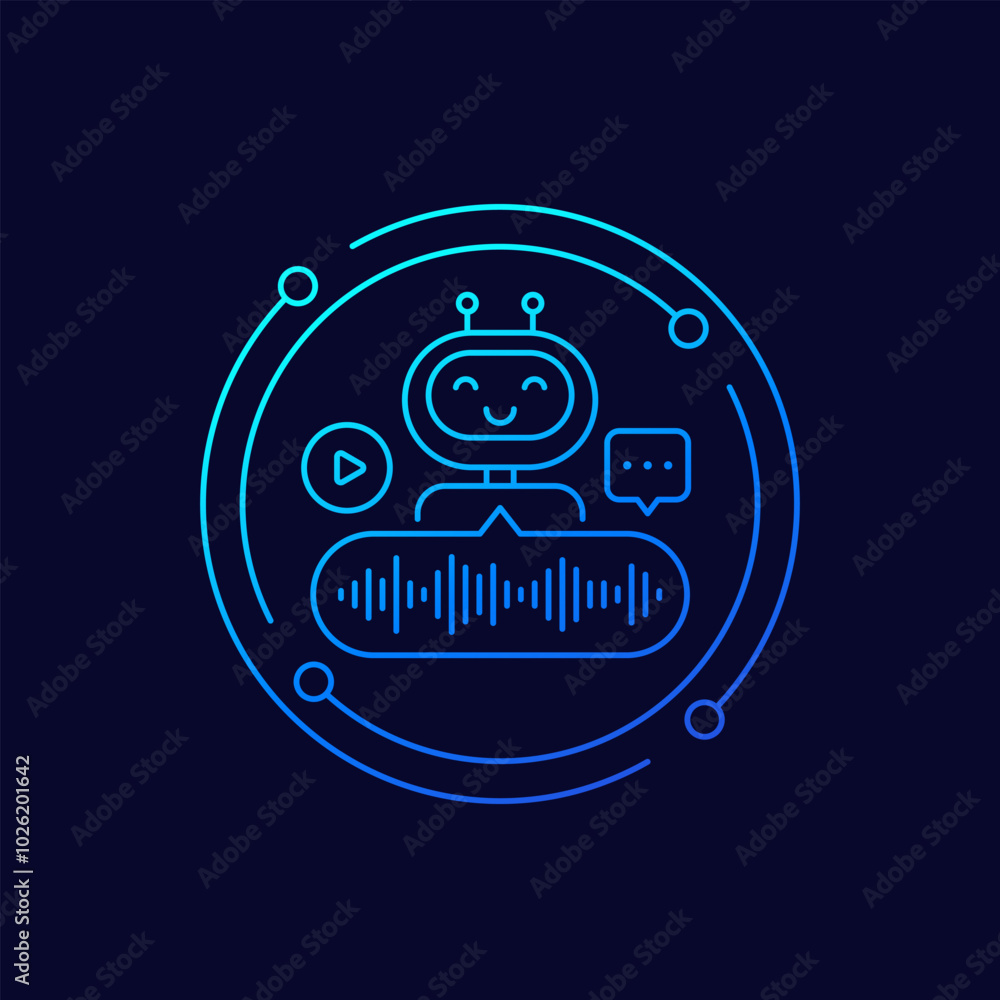 Poster voice assistant icon with a robot, linear design