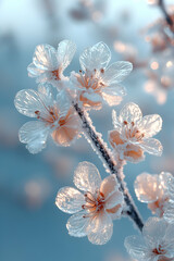 A close up of a branch with frosted flowers. Concept of serenity and tranquility, as the delicate flowers are covered in a thin layer of frost, creating a peaceful and calming atmosphere