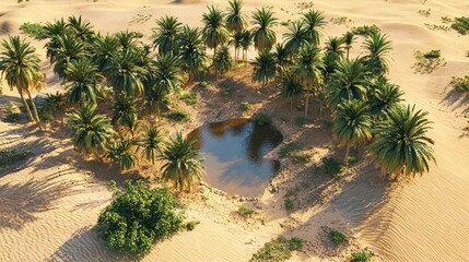 A desert oasis with palm trees and a small water body surrounded by sand