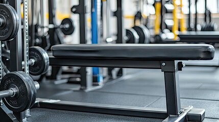 A detailed shot of a bench press setup with adjustable seats and weight racks, emphasizing gym equipment.