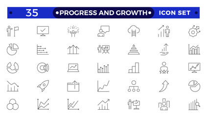 Progress and Growth icon set. Containing performance, gain, improvement, grow, chart, increase, evolution and development icons. Outline icon collection.