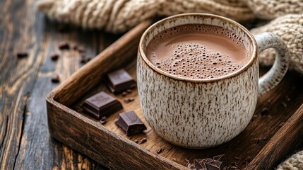 A comforting cup of hot cocoa, made with dark chocolate, placed on a wooden tray, promoting health and brain-boosting benefits in a cozy setting.