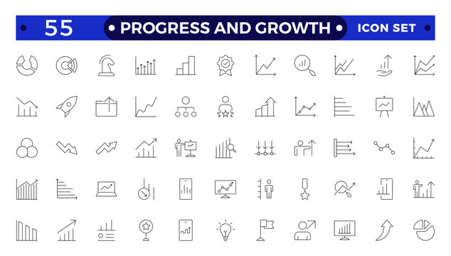 Progress and Growth icon set. Containing performance, gain, improvement, grow, chart, increase, evolution and development icons. Outline icon collection.