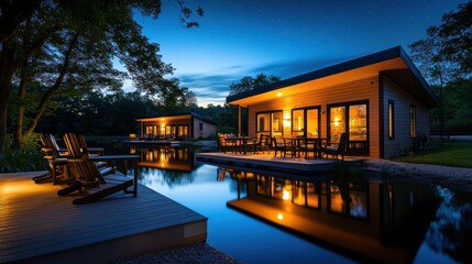 Fototapeta premium Tranquil Modern House at Dusk with Serene Pond and Calm Water Reflections.