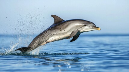 Obraz premium A dolphin leaping out of the water against a clear blue sky