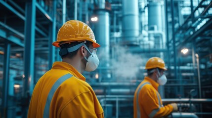 Engineers designing cutting-edge pollution control mechanisms to manage factory emissions and waste.