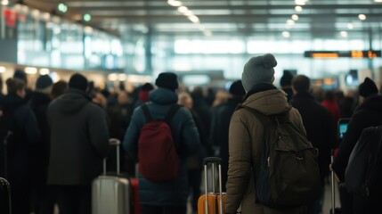 A crowded airport terminal filled with passengers lined up at check-in, dressed in warm clothing and carrying luggage, showcasing the anticipation of travel.