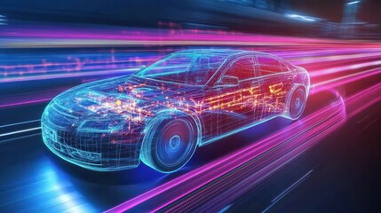 Engineers developing advanced cybersecurity protocols for self-driving cars, preventing unauthorized access.