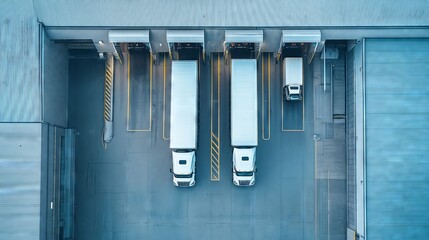Semi trucks waiting to be loaded at logistics center loading dock