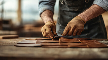 Craftsman working on leather pieces in a workshop, hands, tools and textures visible.