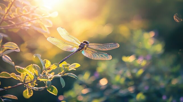 A dragonfly landing on a twig with sunlight highlighting its iridescent wings