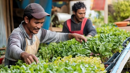 Farmers harvesting crops from a sustainable aquaponics system that uses minimal water and resources.