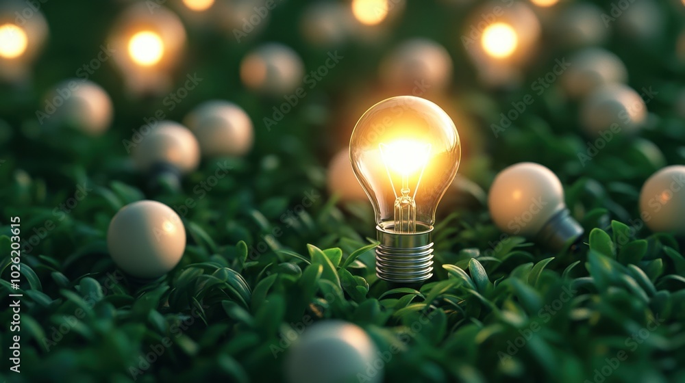 Poster a dynamic image of a single glowing lightbulb amidst a cluster of unlit bulbs, set against a lush gr