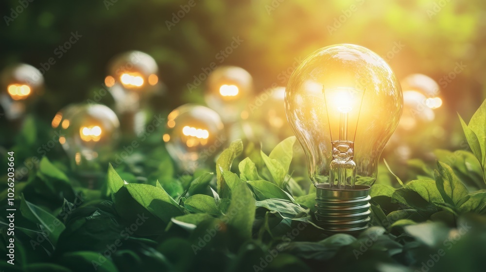 Poster a dynamic image of a single glowing lightbulb amidst a cluster of unlit bulbs, set against a lush gr
