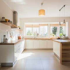 Cucina moderna minimalista, caratterizzata da linee pulite e tonalità neutre. Luminosa e spaziosa, perfetta combinazione di estetica e funzionalità.
