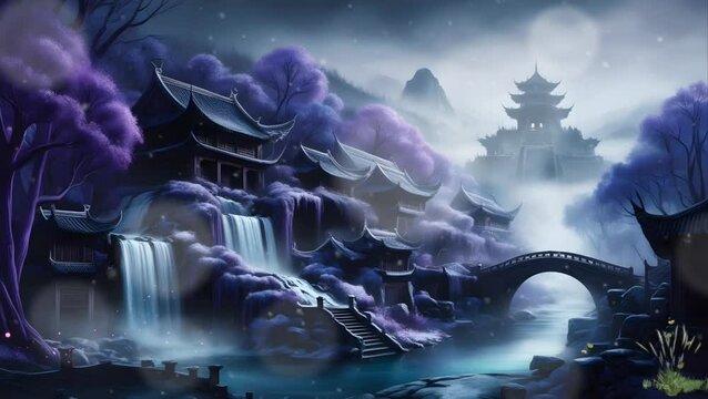 A temple with a fairytale waterfall. Seamless 4K looping timelapse video animation background