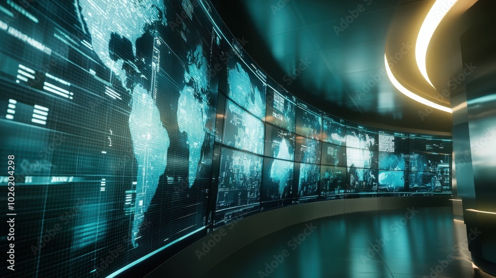 Poster a futuristic curved digital display wall featuring multiple screens with intricate maps of different