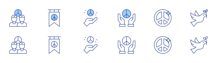 Peace icon set in two styles, Duotone and Thin Line style. Editable stroke. peace symbols, freedom of thought, dove imagery, peace flag, international harmony