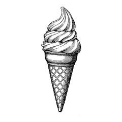 Ice Cream Cone in Vintage Black and White Outline Line Art Drawing with Detailed Texture