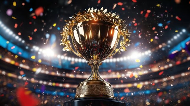 A gleaming gold trophy adorned with a laurel wreath, displayed on a stage in a stadium filled with confetti and a cheering audience, celebrating victory and achievement.