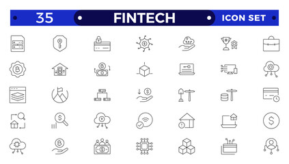 Fintech outline icon set. Containing digital banking, cryptocurrency, mobile payment, regtech, blockchain, robo-advisors, financial services and more.