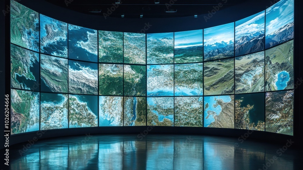 Poster a large curved digital display wall featuring multiple screens showcasing detailed maps of different