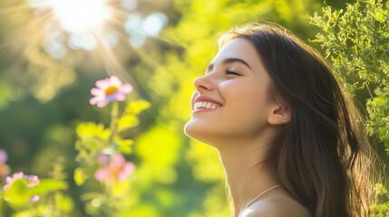 Fototapeta premium Side profile view of a happy woman in her 30s talking