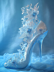 Obraz premium Prussian Blue and Pure White dual-color satin lace high heels with dreamy background