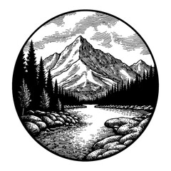 Scenic Mountain with Trees and Lake in Detailed Black and White Outline Line Art Drawing