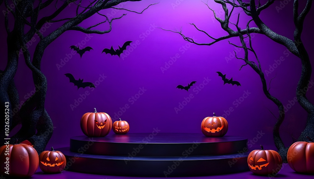 Aufkleber dark podium structure against a vibrant purple background with bats tree branches with halloween sev