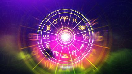Concept of astrology and horoscope, person inside a zodiac sign wheel, Astrological zodiac signs inside of horoscope circle, Astrology, knowledge of stars in the sky, power of universe concept.