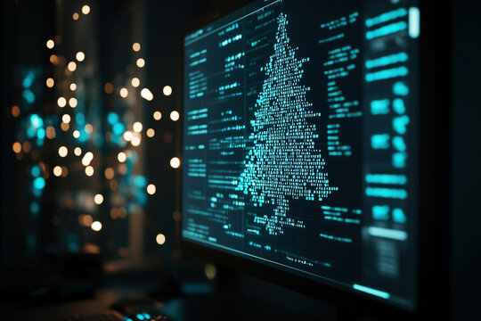  Digital Christmas tree in front of a computer monitor. Inside the tree hologram is binary code and graphs. Space for text. - Powered by Adobe