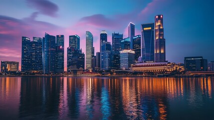 Fototapeta premium City street at night, illuminated by streetlights and car headlights. 