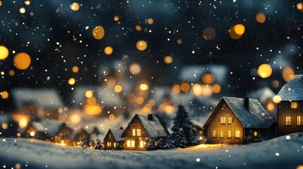 Obraz premium A picturesque snowy village with illuminated houses, contrasted by a dreamy bokeh background of twinkling lights, capturing the magic of winter nights.